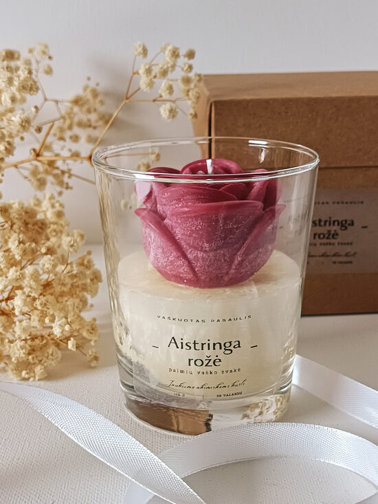 Rankų darbo kristalinio palmių vaško žvakė „Aistringa rožė“